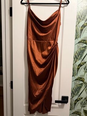 Satin Copper Draped Slip Dress - Women's